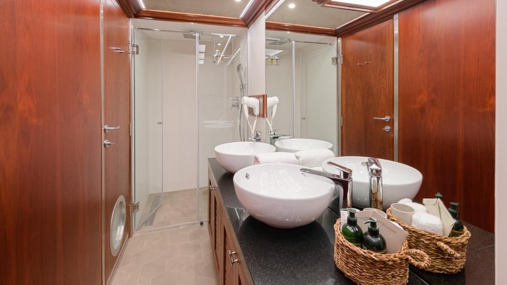A bathroom with ground-level shower, two washbasins and discreet decoration.
